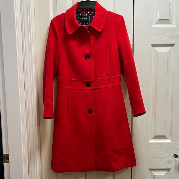 Le Chateau, red pea coat, navy polka dot lining - Picture 1 of 4